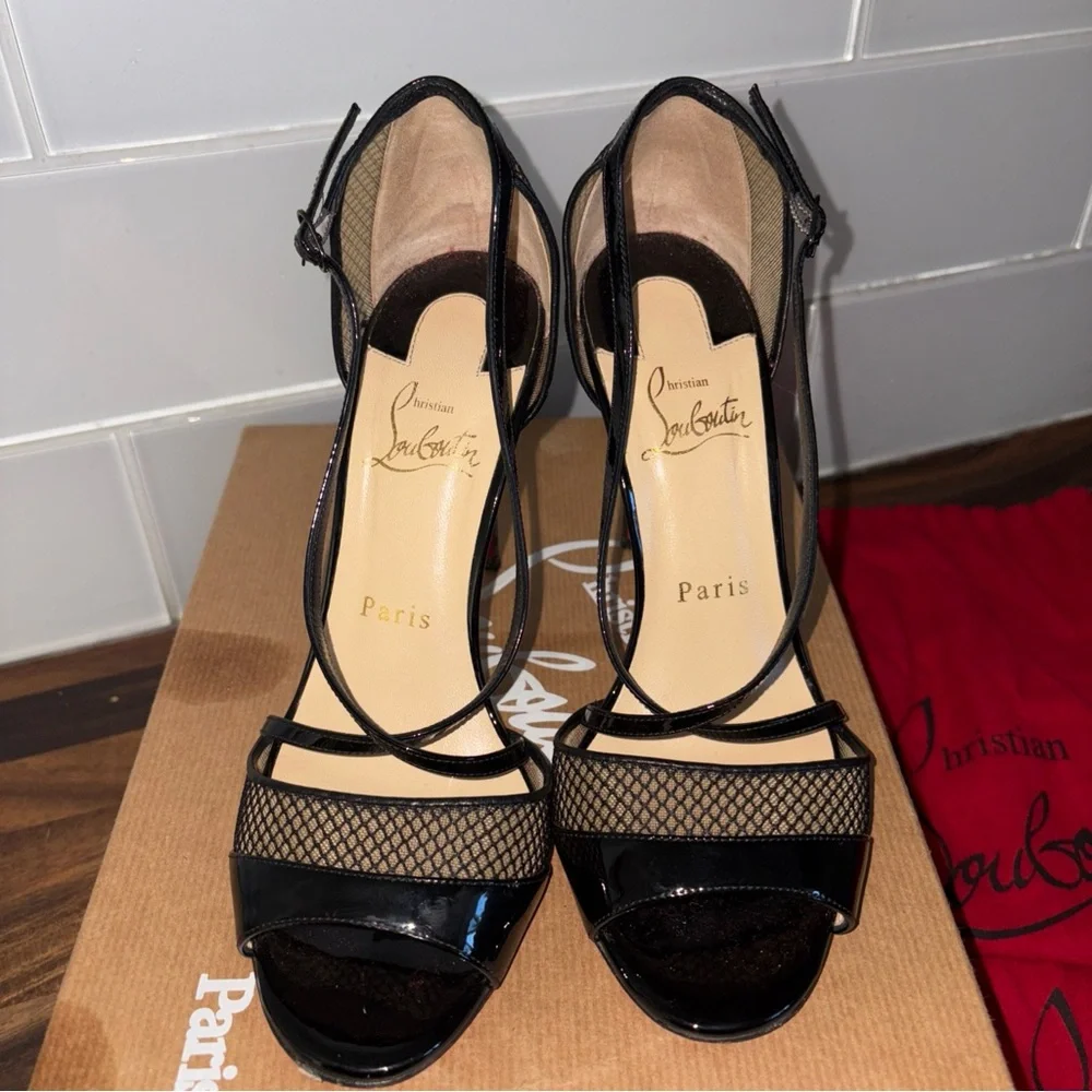 Christian Louboutin Black Patent & Mesh Slingback Heels with Red Soles